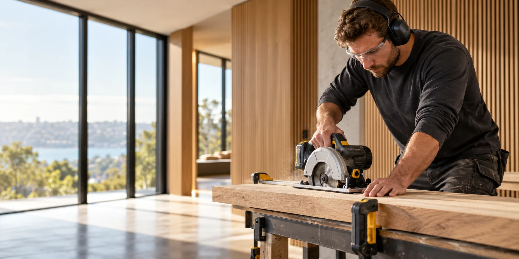 Carpenter using a circular saw on clamped timber with eye and hearing protection