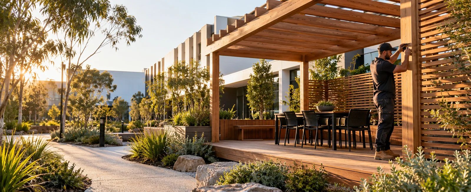 Architectural timber pergola, deck and screens beside landscaped gardens
