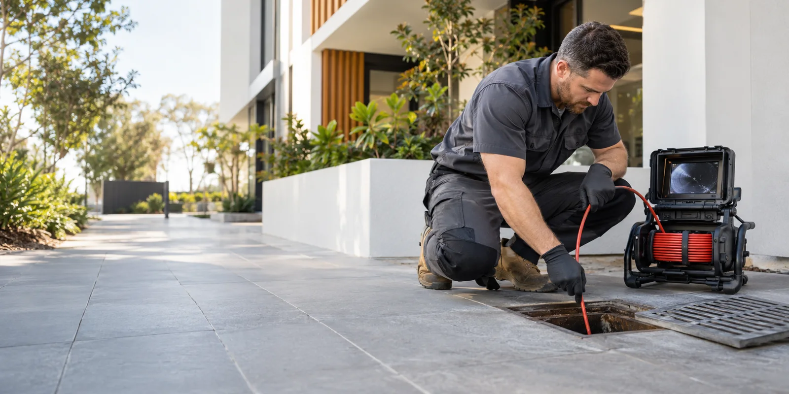 Plumber inspecting an outdoor commercial drain at ground level
