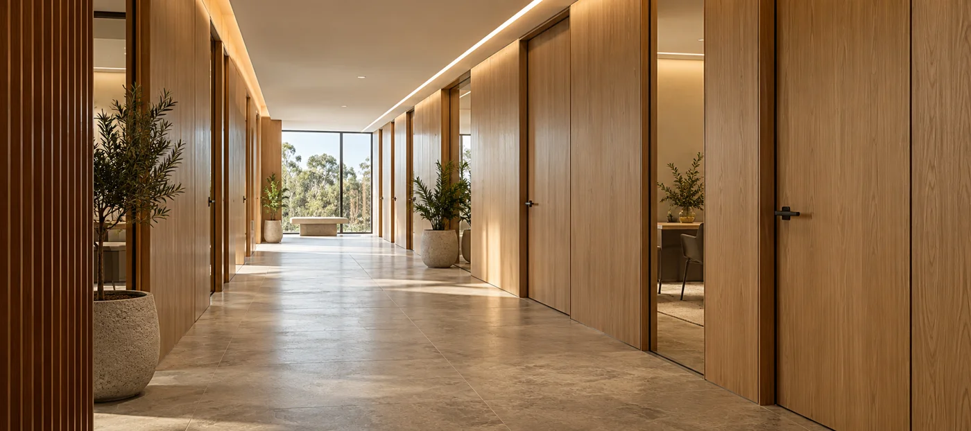 Modern commercial corridor with timber doors, wall panelling and architectural lighting