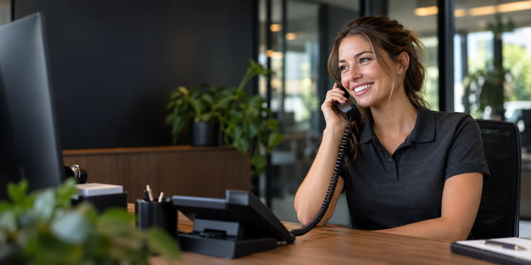 Illustrative customer-service representative in unbranded workwear speaking on the phone in a contemporary office