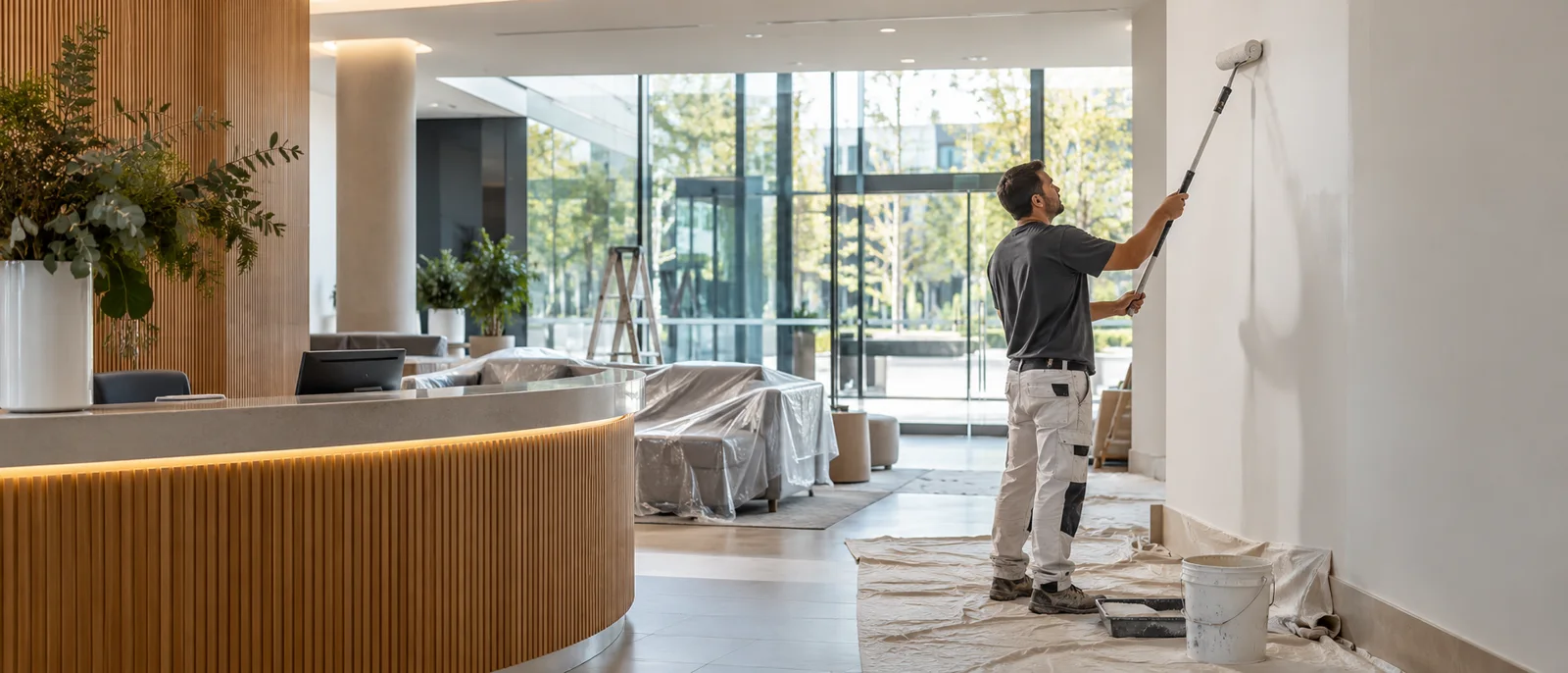 Carefully staged painting work in a modern commercial reception