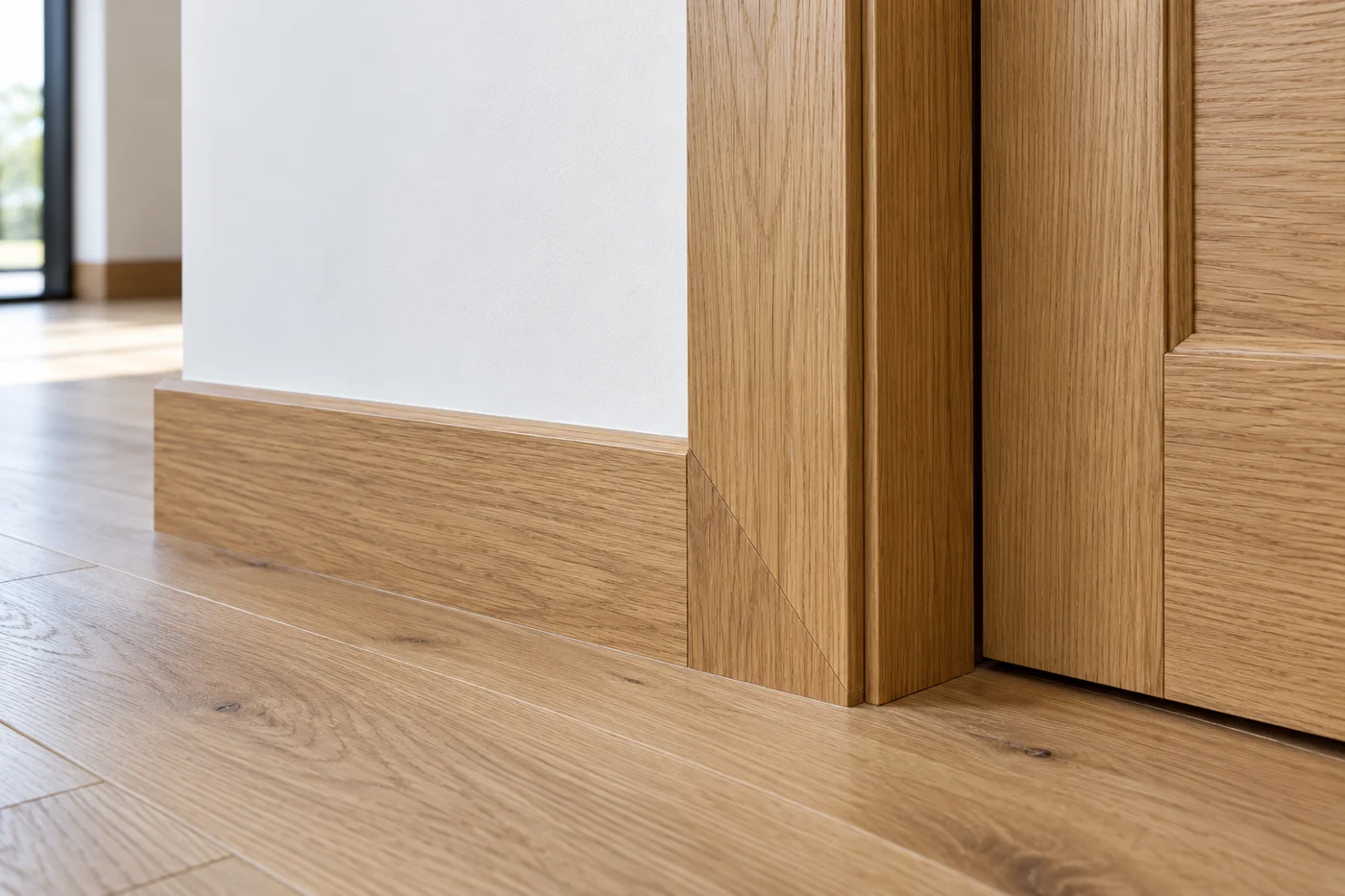 Oak timber skirting and architraves with clean mitred corners