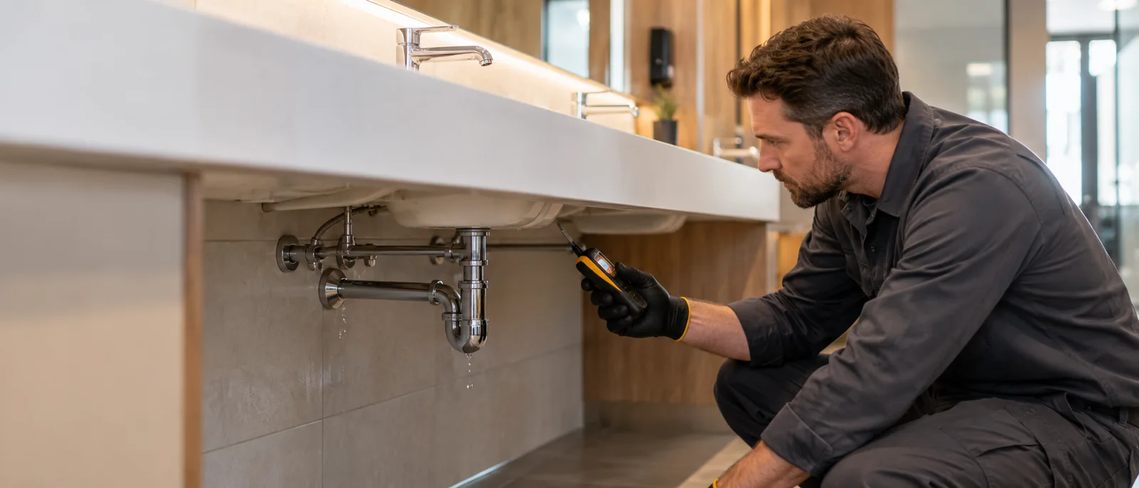 Plumber assessing water pipe fittings with inspection equipment