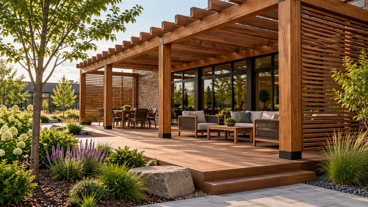 Timber pergola, screens and deck at a contemporary property